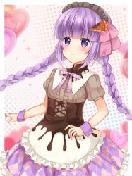 1girl apron bad_id bad_pixiv_id bow braid commentary_request corset hair_bow hair_ornament hair_ribbon long_hair looking_at_viewer maid maid_apron maid_headdress purple_eyes purple_hair ribbon shikino_(sikinonono) simple_background smile solo sophie_(tales) tales_of_(series) tales_of_graces twin_braids twintails rating:Sensitive score:2 user:danbooru