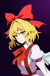  1girl absurdres angel_wings blonde_hair breasts collared_shirt commentary_request feathered_wings gengetsu_(touhou) gradient_background hair_ribbon highres juliet_sleeves long_sleeves puffy_sleeves purple_background red_ribbon ribbon shirt short_hair skirt small_breasts solo ssaf52913778 suspender_skirt suspenders touhou touhou_(pc-98) white_shirt white_skirt white_wings wings yellow_eyes 