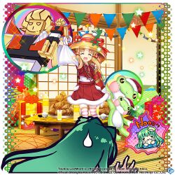 ! !! 2girls :d alternate_costume blonde_hair brown_headwear chibi chibi_inset closed_eyes commentary copyright_name copyright_notice cup drinking_glass english_commentary food frog_hair_ornament full_body fur_trim game_cg gift green_hair hair_ornament hisou_tensoku indoors kochiya_sanae long_hair long_sleeves medium_hair moriya_suwako moriya_suwako_(i_bet_this_is_what_sanae_wants!) multiple_girls open_mouth red_skirt red_thighhighs red_vest rotte_(1109) sidelocks skirt smile star_(symbol) striped_clothes striped_thighhighs stuffed_animal stuffed_frog stuffed_toy sweatdrop table thighhighs third-party_source touhou touhou_lostword vest white_thighhighs wide_sleeves