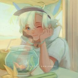  1boy ahoge animal_ears beach black_hat blue_bracelet blue_eyes bubble cat_ears closed_mouth collared_shirt commentary cup day drink drinking_straw elbows_on_table english_commentary fish fishbowl flower goldfish hat high_collar highres jewelry kanlamari light_blush lips looking_at_viewer male_focus one_eye_closed original outdoors palm_tree parted_bangs pendant seaweed shirt short_hair short_sleeves smile solo tan tree upper_body veranda visor_cap white_hair white_shirt white_sleeves yellow_flower 