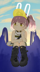  1girl absurdres animal_ears bare_arms bare_shoulders black_footwear boots closed_mouth fake_animal_ears full_body girls&#039;_frontline_neural_cloud green_eyes hand_on_own_cheek hand_on_own_face highres pink_hair shirt sitting sleeveless sleeveless_shirt solo taisch_(neural_cloud) twintails visor_cap white_shirt xiaotsihasiha 