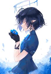  1girl absurdres antenna_hair artist_name black_gloves black_hair blue_dress blue_flower blue_halo blue_theme breasts closed_eyes commentary dress earrings english_commentary extra_ears flower from_side gloves halo hands_up highres holding holding_flower hololive hololive_english jewelry liquid_halo meconopsis_(ninomae_ina&#039;nis) melting_halo ninomae_ina&#039;nis official_alternate_costume parted_lips pleated_dress pointy_ears profile puffy_short_sleeves puffy_sleeves short_hair short_sleeves signature simple_background small_breasts solo uve virtual_youtuber white_background 