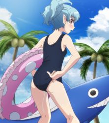  1girl aqua_hair ass back blue_hair blush breasts cosplay grin innertube kiriha_(tsugumomo) loli long_hair looking_back one-piece_swimsuit open_mouth pointy_ears red_eyes school_swimsuit screencap small_breasts smile solo swim_ring swimsuit tsugumomo  rating:Questionable score:32 user:anon121793
