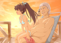  1boy 1girl age_difference bad_id bad_pixiv_id bandai_namco bikini bikini_pull breasts brown_hair cheating_(relationship) cleavage clothes_pull fang fat fat_man ganaha_hibiki grey_hair hetero idolmaster idolmaster_(classic) jewelry kosokosomaru_(higashi_taishi) netorare old old_man older_man_and_younger_girl one-piece_swimsuit_pull open_mouth penis petite phone ponytail ring sex small_breasts strap_gap striped_bikini striped_clothes sunset swimsuit talking_on_phone tan tanline uncensored vaginal wince  rating:Explicit score:264 user:danbooru