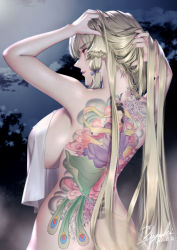 1girl adjusting_hair arms_behind_head arms_up ass back back_tattoo blonde_hair breasts closed_mouth commentary_request covering_privates from_behind full-body_tattoo highres holding holding_own_hair irezumi large_breasts long_hair nude nude_cover original outdoors red_eyes ryuki@maguro-ex signature solo standing tattoo veins veiny_breasts very_long_hair rating:Sensitive score:35 user:danbooru