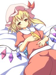  1girl ascot blonde_hair blush female_focus flandre_scarlet hand_on_own_chest hand_on_own_stomach hat hat_ribbon looking_at_viewer lying on_back red_eyes ribbon sakuna shirt side_ponytail skirt skirt_set solo touhou wings  rating:Sensitive score:6 user:danbooru