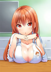  1boy 1girl :o attsun_(atsushi_jb) blush breast_rest breasts breasts_on_table cleavage itou_kaede large_breasts long_hair looking_at_viewer mini_person miniboy official_art open_mouth own_hands_clasped own_hands_together red_eyes red_hair ribbon satou_yuusuke seifuku! sleeves_pushed_up table wrist_ribbon  rating:Questionable score:76 user:danbooru