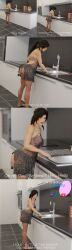  1girl 3d absurdres age_difference aged_up ass comic english_text highres home housewife kitchen lara_croft lingerie looking_at_viewer mature_female mother_and_son pov surprised tamagosan tomb_raider underwear washing washing_dishes 