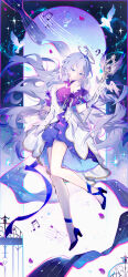  1girl absurdres bare_legs beamed_eighth_notes bird blue_eyes blue_footwear blue_hair breasts commentary_request detached_collar detached_sleeves dress eighth_note elbow_gloves falling_petals floating floating_hair gloves hair_between_eyes halo head_wings high-low_skirt high_heels highres holding holding_microphone honkai:_star_rail honkai_(series) knees_together_feet_apart long_hair looking_at_viewer medium_breasts microphone mole mole_under_eye musical_note petals purple_dress purple_sleeves qianqianjie robin_(honkai:_star_rail) short_sleeves sidelocks solo staff_(music) strapless strapless_dress treble_clef two-tone_dress very_long_hair white_bird white_dress white_gloves wings 