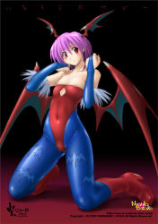  1girl animal_print argyle argyle_clothes argyle_cutout bat_print bat_wings blue_pantyhose blush boots breasts bridal_gauntlets cameltoe capcom cleft_of_venus clothing_cutout dated demon_girl elbow_gloves gloves head_wings kneeling latex leotard lilith_aensland nipple_slip nipples nyanko_batake pantyhose print_pantyhose purple_hair red_eyes red_leotard short_hair skin_tight small_breasts smile solo spandex vampire_(game) wings  rating:Questionable score:19 user:danbooru