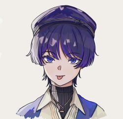  1boy hat highres male_focus purple_eyes purple_hair scaramouche_(genshin_impact) tongue tongue_out  rating:General score:1 user:teatime789