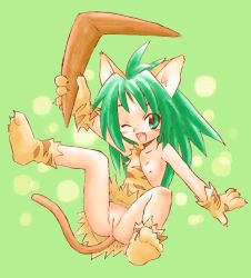 1girl animal_ears animal_hands animal_print anus blush boomerang cat_ears cat_girl cat_tail cham_cham cleft_of_venus fang female_focus flat_chest gloves green_eyes green_hair happy loli long_hair matching_hair/eyes nipples no_panties one_eye_closed open_mouth paw_gloves paw_shoes pussy samurai_spirits shoes smile snk solo spread_legs tail tatata tiger_print uncensored weapon wink rating:Explicit score:21 user:sytalidis