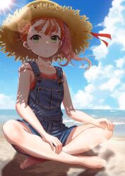  1girl artist_name bare_legs barefoot beach blue_overalls blue_sky brown_hair brown_hat camisole closed_mouth cloud cloudy_sky day feet green_eyes hair_pulled_back hand_on_own_knee hat highres horizon indian_style legs lens_flare light_frown looking_at_viewer mymo0527 natsuumi_manatsu ocean outdoors overall_shorts overalls precure red_camisole shadow side_ponytail signature sitting sky solo strap_slip straw_hat sun_hat sunlight toenails toes tropical-rouge!_precure wind  rating:General score:4 user:danbooru