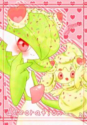 2girls alcremie alcremie_(love_sweet) alcremie_(other_cream) arm_up artist_name blonde_hair blush bob_cut border closed_mouth colored_sclera colored_skin cream creatures_(company) english_text female_focus flat_chest food food_on_head game_freak gardevoir gen_3_pokemon gen_8_pokemon green_hair green_skin hair_ornament hair_over_one_eye hand_up happy heart heart_background heart_hair_ornament looking_at_viewer multicolored_skin multiple_girls nintendo object_on_head one_eye_covered outside_border pink_background pokemon pokemon_(creature) red_border red_eyes red_sclera short_hair signature smile sprinkles striped_background two-tone_skin waving white_skin yellow_skin yuri_(fl0werspace)