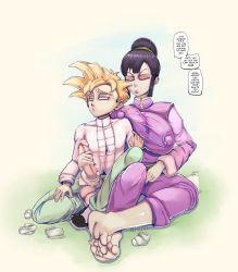  1boy 1girl black_hair blonde_hair breasts chi-chi_(dragon_ball) clothed_sex covered_erect_nipples dragon_ball dragonball_z english_text feet handjob highres huge_breasts incest large_breasts large_penis lotion_bottle mother_and_son motherly nipples_through_clothes orphielll penis saiyan shota simple_background son_gohan tissue  rating:Explicit score:82 user:Oplz