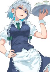  1girl apron blue_skirt blue_vest bow braid breasts collared_shirt commentary_request cup frilled_apron frills from_below green_bow green_necktie grey_hair hair_bow hand_on_own_hip highres holding holding_tray izayoi_sakuya long_hair maid_apron maid_headdress medium_breasts mug necktie puffy_short_sleeves puffy_sleeves shirt short_sleeves simple_background skirt sobayu_to_tenpura solo teacup teapot touhou tray twin_braids vest white_apron white_background white_shirt white_wrist_cuffs wrist_cuffs 
