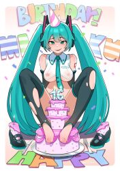  1girl adapted_costume aqua_eyes aqua_hair aqua_necktie artist_name bare_shoulders birthday_cake black_thighhighs border breasts cake cake_slice character_name collared_shirt commentary convenient_censoring crop_top detached_sleeves english_commentary eyelashes feet food full_body happy_birthday hatsune_miku high_heels highres knees_up large_breasts legs long_hair looking_at_viewer mary_janes necktie nipple_piercing nipples no_shoes open_mouth piercing rezodwel shadow shirt shoes sidelocks sitting solo stirrup_legwear thighhighs toeless_legwear toenails toes twintails unworn_shoes very_long_hair vocaloid white_border  rating:Questionable score:125 user:danbooru