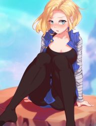  1girl android_18 animeflux black_pantyhose blonde_hair blue_eyes blush collarbone commentary dragon_ball dragonball_z feet looking_at_viewer no_shoes open_mouth pantyhose short_hair sitting solo  rating:Sensitive score:98 user:danbooru