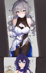  3girls :d absurdres ahoge bare_shoulders black_bodysuit blonde_hair blue_dress blush bodysuit breasts bronya_rand cleavage covered_collarbone crossed_bangs detached_sleeves dot_nose dress drill_hair grey_eyes grey_hair grin hair_between_eyes heart heart-shaped_pupils highres honkai:_star_rail honkai_(series) hook_(honkai:_star_rail) large_breasts long_hair long_sleeves looking_at_viewer mini2chainz modesty_cover multiple_girls nose_blush open_mouth pink_pupils purple_eyes purple_hair purple_scarf scarf seele_(honkai:_star_rail) sidelocks smile symbol-shaped_pupils torn_bodysuit torn_clothes two-sided_dress two-sided_fabric white_dress white_sleeves 