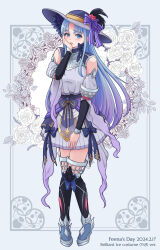  1girl absurdres alternate_costume ancient_ys_vanished armor armored_dress blue_background blue_eyes blue_hair blush border bow character_name cosplay curtained_hair dated detached_sleeves doll_(ys) doll_(ys)_(cosplay) eyelashes feena_(ys) floral_background full_body gradient_hair hand_on_own_face hat hat_bow hat_feather highres inset_border long_hair multicolored_hair ornate_border pleated_skirt purple_bow purple_hair purple_hat ruisa skirt solo standing sun_hat thighhighs two-tone_hair ys ys_ix_monstrum_nox 
