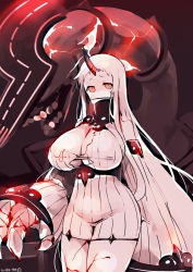  10s 1girl abyssal_ship breasts claws cleavage covered_mouth curvy detached_sleeves dress highres horns kantai_collection large_breasts long_hair looking_at_viewer pale_skin red_eyes ribbed_dress seaport_princess short_dress single_horn sketch solo standing sweater sweater_dress torn_clothes very_long_hair white_hair wide_hips yuzuki_gao  rating:Sensitive score:11 user:danbooru