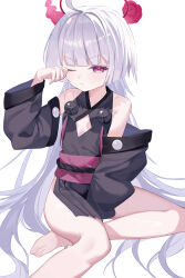 1girl absurdres ahoge akipopopopoon bare_legs bare_shoulders barefoot bell blue_archive breasts closed_mouth detached_sleeves foot_out_of_frame grey_hair grey_sleeves halo highres jingle_bell legs long_hair looking_at_viewer obi one_eye_closed red_eyes red_halo sash shuro_(blue_archive) small_breasts solo toes rating:Sensitive score:4 user:danbooru