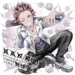 1boy baseball baseball_bat beard belt black_belt black_pants blue_eyes buttons chain chain_necklace character_name coattails collarbone collared_jacket commentary_request danganronpa:_trigger_happy_havoc danganronpa_(series) ear_piercing facial_hair fingernails full_body goatee grin holding holding_baseball_bat jacket jewelry kuwata_leon lip_piercing lock_necklace long_sleeves looking_at_viewer male_focus multiple_piercings multiple_rings necklace one_eye_closed over_shoulder pants paperclip pectoral_cleavage pectorals piercing pocket red_hair ring shirt shoes short_hair sitting smile solo spiked_hair studded_belt tank_top tied_beard u_u_ki_u_u v-shaped_eyebrows weapon weapon_over_shoulder white_background white_footwear white_shirt white_sleeves white_tank_top