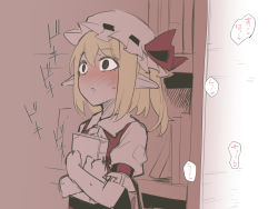  1girl asutora blonde_hair blush book bookshelf commentary_request crossed_arms embarrassed flandre_scarlet hair_between_eyes hat hat_ribbon heartbeat holding holding_book looking_away mob_cap nose_blush pointy_ears puffy_short_sleeves puffy_sleeves red_ribbon ribbon short_sleeves side_ponytail sketch solo sweat touhou wide-eyed  rating:Sensitive score:33 user:danbooru
