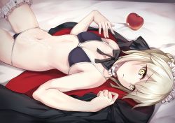  1girl :&lt; apple artoria_pendragon_(alter_swimsuit_rider)_(fate) artoria_pendragon_(fate) bikini black_bikini blonde_hair breasts cleavage cum cum_on_body cum_on_lower_body cum_on_stomach fate/grand_order fate_(series) female_focus food fruit highres jacket unworn_jacket looking_at_viewer lower_body lying maid_headdress medium_breasts nakatokung navel on_back short_hair solo swimsuit yellow_eyes  rating:Explicit score:35 user:Mderms
