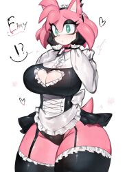  1girl amy_rose black_choker black_skirt blush breasts choker cleavage cleavage_cutout clothing_cutout corset ear_piercing eyeshadow frills furry furry_female garter_straps green_eyes hairband hands_on_own_face heart heart-shaped_pupils heart_cutout hedgehog_ears hedgehog_girl hedgehog_tail highres huge_breasts maid maid_headdress makeup piercing pink_fur pink_hair quill skirt sonic_(series) symbol-shaped_pupils thick_thighs thighhighs thighs togetoge wide_hips zettai_ryouiki  rating:Sensitive score:33 user:Zbidiboui