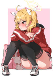 1girl absurdres ahoge ass bag black_thighhighs blonde_hair blue_archive blush closed_mouth commentary_request embarrassed frown full_body halo hatohane_(tonnkotubird) highres hood hoodie hugging_own_legs knees_together_feet_apart knees_up looking_to_the_side medium_hair miniskirt outside_border pigeon-toed pink_background pink_bag pink_skirt pleated_skirt red_hoodie school_bag shoes sitting skirt sneakers solo stuffed_animal stuffed_rabbit stuffed_toy thighhighs thighs twintails white_footwear yellow_eyes yoshimi_(blue_archive) 
