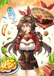  1girl absurdres amber_(genshin_impact) apple apple_slice artist_name blush breasts brown_eyes brown_gloves brown_hair brown_shorts bubble cleavage cleavage_cutout closed_mouth clothing_cutout cocktail_glass collarbone commentary cowboy_shot crossed_bangs cup cute_took drink drinking_glass eating egg_(food) english_commentary food fork frown fruit genshin_impact gloves goggles goggles_on_head gradient_background hair_between_eyes hair_intakes hair_ribbon hand_to_own_mouth hands_up highres holding holding_fork juice long_hair long_sleeves looking_at_viewer medium_breasts orange_background plate pleated_sleeves red_ribbon red_shrug ribbon salad shirt short_shorts shorts shrug_(clothing) sidelocks smile solo standing steak sweat sweatdrop symbol-only_commentary thigh_gap thighs twitter_username very_long_hair white_background white_shirt 