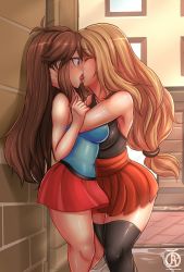 00s 10s 2girls against_wall blonde_hair breasts brown_hair creatures_(company) french_kiss game_freak green_(pokemon) kiss long_hair multiple_girls nintendo pokemon pokemon_frlg pokemon_xy revolverwing serena_(pokemon) skirt thighhighs yuri rating:Questionable score:227 user:dmysta3000