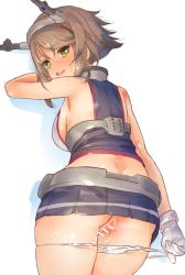 10s 1girl ass bare_shoulders blush breasts brown_hair censored flat_ass from_behind gloves green_eyes hairband headgear kantai_collection large_breasts looking_at_viewer looking_back mutsu_(kancolle) panties panty_pull pussy pussy_juice short_hair sideboob skirt smile solo sweat tetsujin_momoko underwear white_panties rating:Explicit score:21 user:danbooru