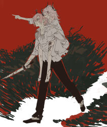  1boy 1girl arknights black_footwear black_pants blood blood_on_leg brother_and_sister carrying collarbone cowlick cuts demon_horns dirty dirty_clothes dirty_face dress hair_between_eyes highres holding holding_knife horns injury kaifei_(kaifei_29) knife leaf leaf_on_head long_hair loose_hair_strand messy_hair pants piggyback pink_hair pointing pointy_ears red_background red_eyes scraped_knee shirt short_hair siblings single_barefoot theresa_(arknights) theresis_(arknights) torn_clothes white_dress white_shirt 
