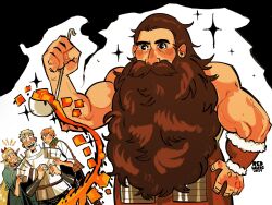  1girl 3boys bara beard biceps chilchuck_tims cooking curious dungeon_meshi dwarf facial_hair happy highres laios_touden long_beard looking_ahead male_focus marcille_donato multiple_boys muscular muscular_male mustache redwuds scared senshi_(dungeon_meshi) smile solo_focus star_(symbol) starry_background stew thick_mustache topless_male very_long_beard 