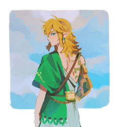  1boy aqua_eyes asymmetrical_clothes belt_pouch blonde_hair commentary cowboy_shot dress earrings english_commentary green_vest highres jewelry link looking_back male_focus medium_hair nintendo oratoza pointy_ears pouch sidelocks single_bare_shoulder solo the_legend_of_zelda the_legend_of_zelda:_tears_of_the_kingdom vest 