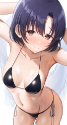  1girl absurdres arms_behind_head arms_up bare_shoulders bikini black_bikini black_hair blush breasts brown_eyes closed_mouth collarbone commentary_request highres idolmaster idolmaster_cinderella_girls looking_at_viewer medium_breasts nose_blush parted_bangs ray_mil68 shiragiku_hotaru short_hair side-tie_bikini_bottom simple_background solo stomach swimsuit wet wet_face wet_hair white_background  rating:Sensitive score:9 user:danbooru