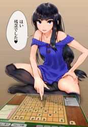  1girl bare_shoulders black_hair black_thighhighs blue_dress blue_eyes blunt_bangs board_game bra_strap brown_background buttons copyright_request crossed_legs dokiyuri dress hand_on_own_thigh holographic_interface indian_style lace lace-trimmed_legwear lace_trim long_hair looking_at_viewer low-tied_long_hair no_shoes off-shoulder_dress off_shoulder open_mouth over-kneehighs shogi short_dress sidelocks sitting smile solo speech_bubble sweater sweater_dress text_focus thighhighs thighs translated very_long_hair  rating:Sensitive score:32 user:danbooru