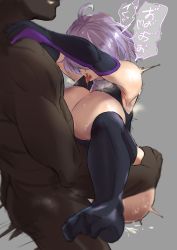 1boy 1girl absurdres ahoge aji_(sakanaaj1) black_thighhighs breasts commentary_request dark-skinned_male dark_skin elbow_gloves fate/grand_order fate_(series) feet gloves grey_background hetero highres huge_breasts interracial light_purple_hair manly mash_kyrielight motion_lines no_shoes nude saliva sex short_hair simple_background solo_focus suspended_congress thighhighs tongue tongue_out very_dark_skin  rating:Explicit score:181 user:danbooru