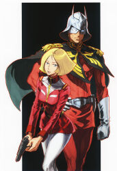 1boy 1girl belt blonde_hair blue_eyes breasts cape char_aznable commentary earth_federation english_commentary eye_mask gloves gun gundam handgun helmet highres manly military_uniform mobile_suit_gundam nishimura_kinu pants promotional_art sayla_mass science_fiction siblings size_difference toned uniform weapon white_pants zeon 