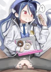  1boy 1girl ? absurdres antenna_hair bar_censor black_pantyhose blue_archive blue_hair blue_necktie box censored clothed_female_nude_male clothed_sex collared_shirt doughnut eating emotionless_sex flat_chest food fubuki_(blue_archive) fuu_torutanme hat hetero highres hypnosis jacket loli long_hair long_sleeves lying mind_control missionary multitasking necktie nude on_back pantyhose penis police police_hat police_uniform policewoman pov pov_crotch pussy red_eyes sex shirt sketch solo_focus spoken_question_mark spread_legs torn_clothes torn_legwear torn_pantyhose uniform uninterested vaginal white_jacket white_shirt  rating:Explicit score:232 user:danbooru