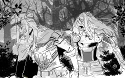  1boy 1girl absurdres armor bare_tree blood blood_on_face breastplate capelet clenched_teeth crown day elbow_gloves etrian_odyssey flat_cap gloves greyscale hand_on_another&#039;s_shoulder hat hat_feather highres jacket long_hair mini_crown monochrome nikki_kyousuke open_mouth outdoors paladin_(sekaiju) pauldrons ranger_(sekaiju) ranger_1_(sekaiju) shoulder_armor teeth tree 