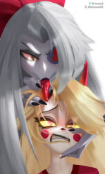  2girls absurdres artist_name blonde_hair blush_stickers bow charlie_morningstar clenched_teeth colored_sclera commentary demon_girl demon_horns english_commentary eyepatch grey_hair grimmie02 hair_bow hazbin_hotel highres horn_sucking hornjob horns long_hair multiple_girls nail_polish red_eyes saliva simple_background sweat teeth uncommon_stimulation vaggie white_background yellow_eyes yellow_sclera yuri 