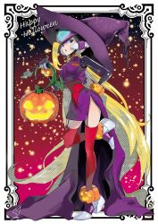  1girl alternate_color alternate_costume bliss_zero_(mega_man) blonde_hair breasts dress forehead_jewel garter_straps halftone halloween hat highres long_dress long_hair medium_breasts mega_man_(series) mega_man_zero_(series) pumpkin purple_dress purple_hat purple_shirt red_background red_thighhighs shirt single_bang solo sumomo svc_chaos thighhighs witch_hat zero(z)_(mega_man) zero_(mega_man) 