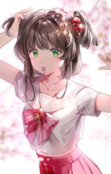  1girl absurdres adjusting_hair arms_up blurry blurry_background bow bowtie brown_hair cardcaptor_sakura flower green_eyes hair_ornament hands_up highres kelezi kinomoto_sakura looking_at_viewer midriff mouth_hold pink_bow pink_bowtie pink_flower pink_skirt pleated_skirt red_brooch ribbon ribbon_in_mouth sailor_collar school_uniform serafuku shirt short_hair short_sleeves skirt solo two_side_up tying_hair upper_body white_background white_sailor_collar white_shirt 