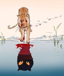  2others blind blood blood_on_face blood_on_feet blood_on_ground clickdango colored_sclera commentary dream_tiger_(govy9807) english_commentary highres monster multiple_others orange_fur orange_sclera original pond shadow tiger 