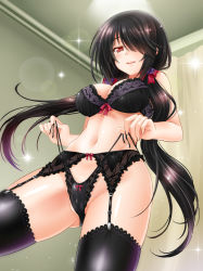  10s 1girl black_bra black_panties black_thighhighs blush bow bow_panties bra breasts cameltoe cleavage date_a_live from_below garter_belt garter_straps hair_bow hair_over_one_eye indoors lace lace-trimmed_bra lace-trimmed_legwear lace-trimmed_panties lace_panties lace_trim large_breasts lens_flare light_particles lingerie long_hair looking_at_viewer looking_down naughty_face navel okitakung panties red_eyes self_wedgie side-tie_panties smile solo sparkle stomach thighhighs tokisaki_kurumi twintails underwear underwear_only wedgie  rating:Questionable score:304 user:danbooru