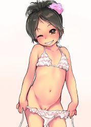  1girl belly bikini black_hair blush brown_eyes cleft_of_venus clothes_pull copyright_request fat_mons flat_chest flower happy highres kikurage_(crayon_arts) loli looking_at_viewer one_eye_closed presenting pussy pussy_peek sketch smile solo standing swimsuit swimsuit_pull uncensored undressing wink  rating:Explicit score:153 user:ganza