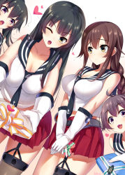  4girls ;&lt; agano_(kancolle) ahoge anchor_symbol bare_shoulders belt black_hair blush breasts brown_hair cleavage closed_mouth dragonmaterial garter_straps gloves gradient_hair grey_belt hair_between_eyes heart kantai_collection large_breasts long_hair looking_at_viewer miniskirt multicolored_hair multiple_girls noshiro_(kancolle) open_mouth purple_eyes purple_hair red_skirt sakawa_(kancolle) shadow short_hair simple_background skirt thighhighs two-tone_hair white_background white_gloves yahagi_(kancolle) yellow_eyes 